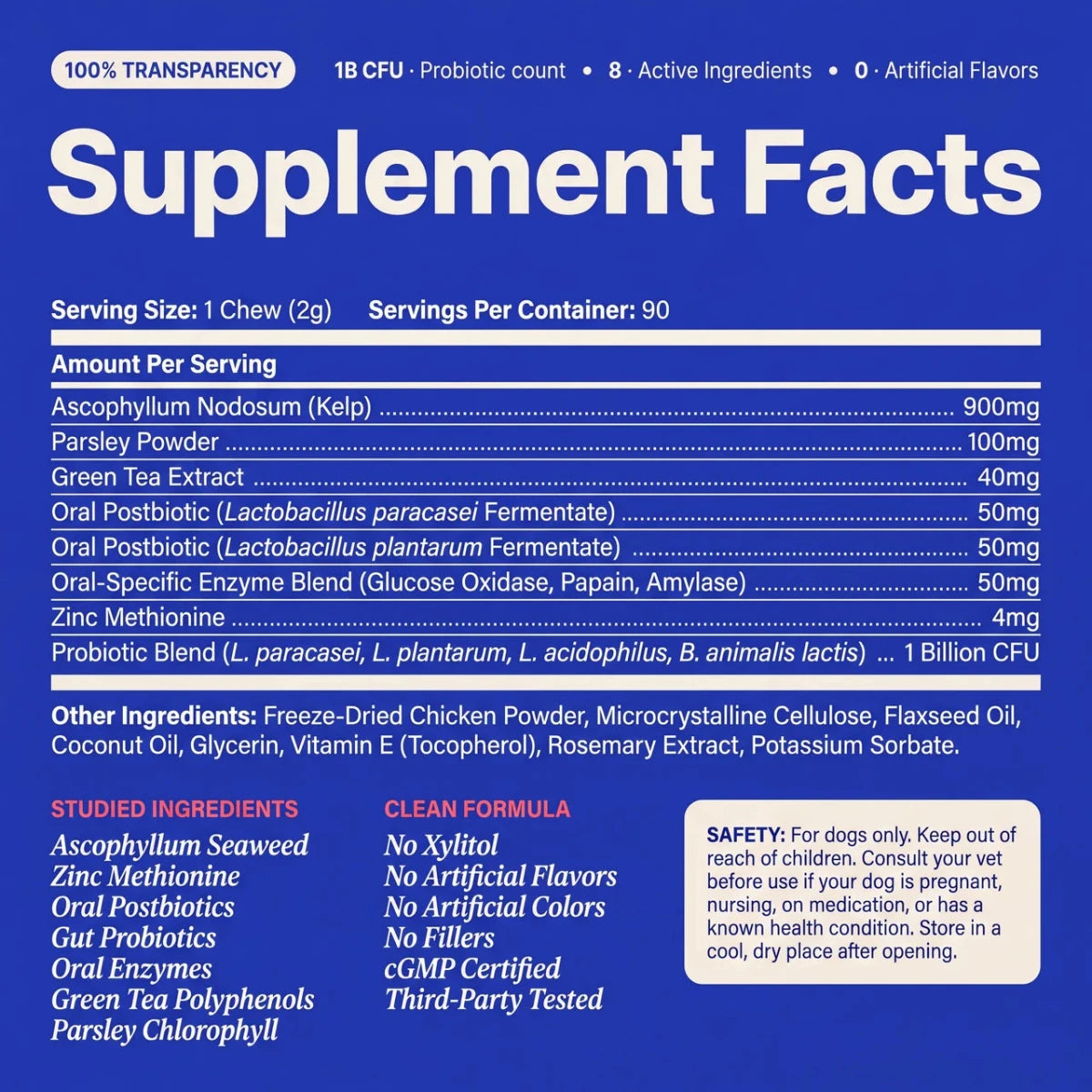 Smilers dental chew supplement facts: 900mg Ascophyllum seaweed, oral postbiotics, zinc, and 1 billion CFU probiotic blend per chew